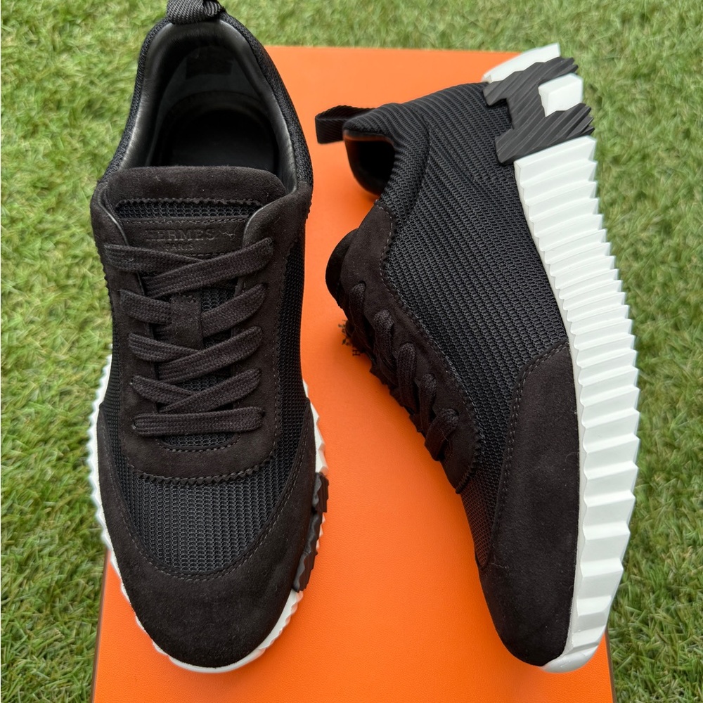HERMES BOUNCING BLACK MESH/ SUEDE WHITE SOLE TRAINERS FASHION SNEAKERS SIZE 38 - Picture 3 of 11